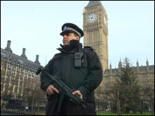 英国伦敦议会大厦前的持枪警察