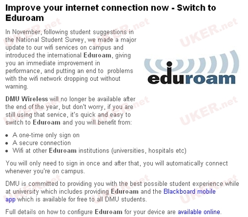 德蒙福特大学发布校园无线网络切换到Eduroam通知