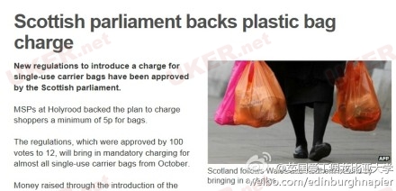 爱丁堡龙比亚大学发布苏格兰超市塑料袋10月份开始收费通知