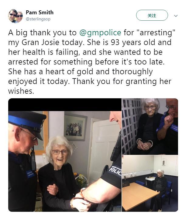 英93岁老太一生行善惟愿被捕一次，警方满足愿望老人开心戴手铐