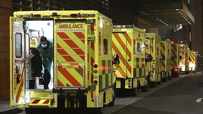 Ambulances lined up at a London hospital.